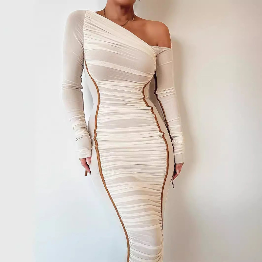 Women's One Shoulder Ruched Maxi Dress Beige Long Sleeve Bodycon Elegant Dress