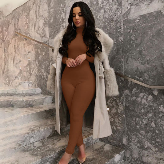 Women's Brown Long Sleeve Bodycon Full Length Jumpsuit High Neck Slim Fit Outfit