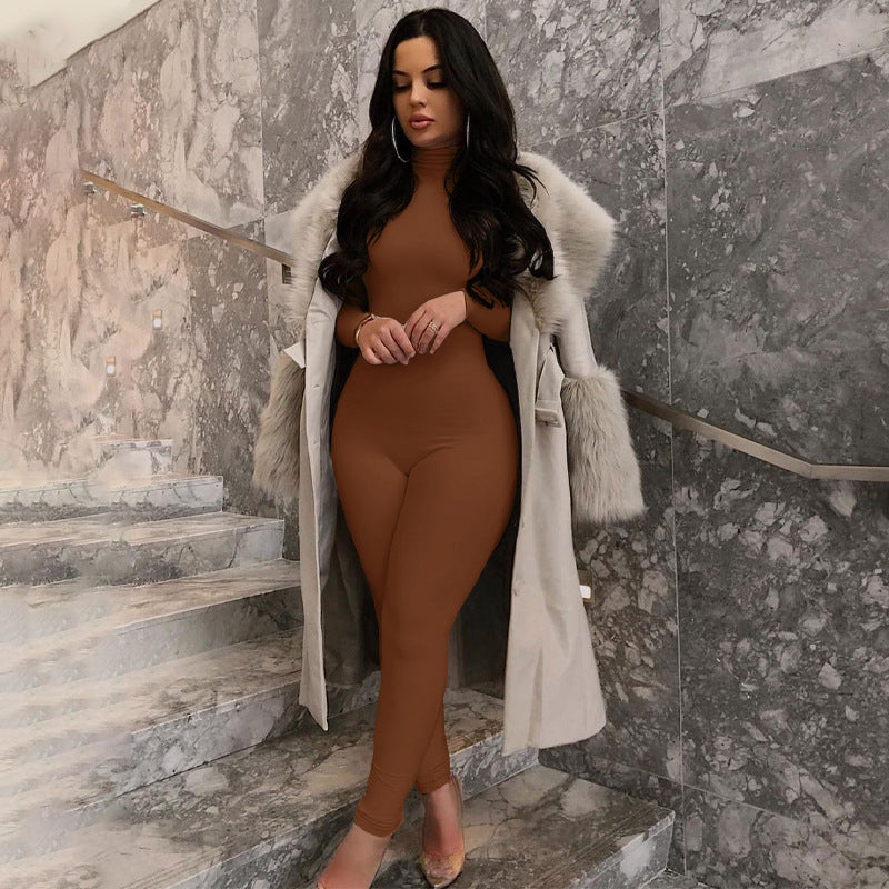 Women's Brown Long Sleeve Bodycon Full Length Jumpsuit High Neck Slim Fit Outfit