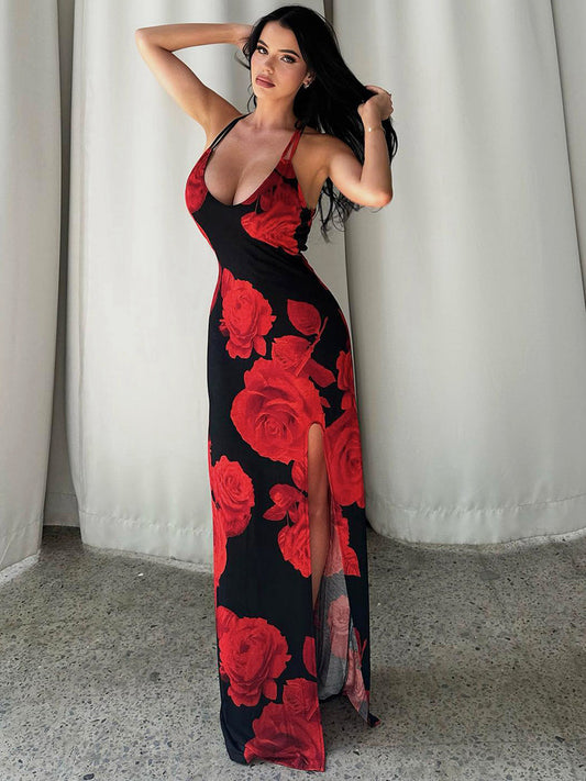 Women's Black Red Rose Maxi Dress Spaghetti Strap Bodycon Split Evening Dress