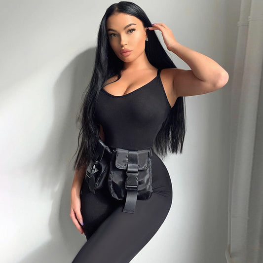 Women's Black Spaghetti Strap Bodycon Jumpsuit Sleeveless Slim Fit Full Length Outfit
