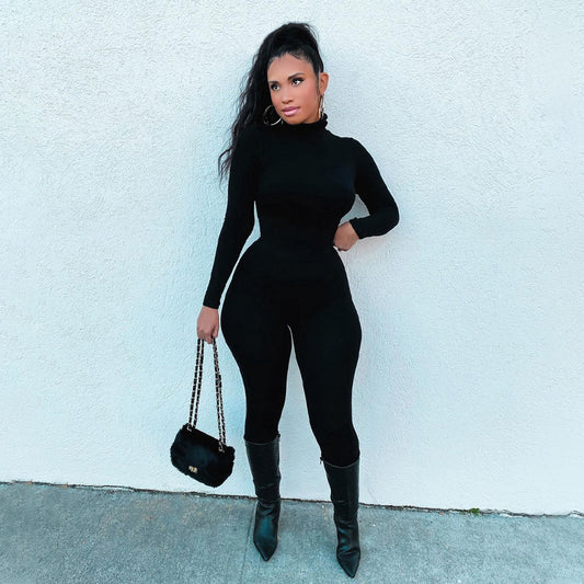 Women's Black Long Sleeve Bodycon Full Length Jumpsuit High Neck Slim Fit Outfit