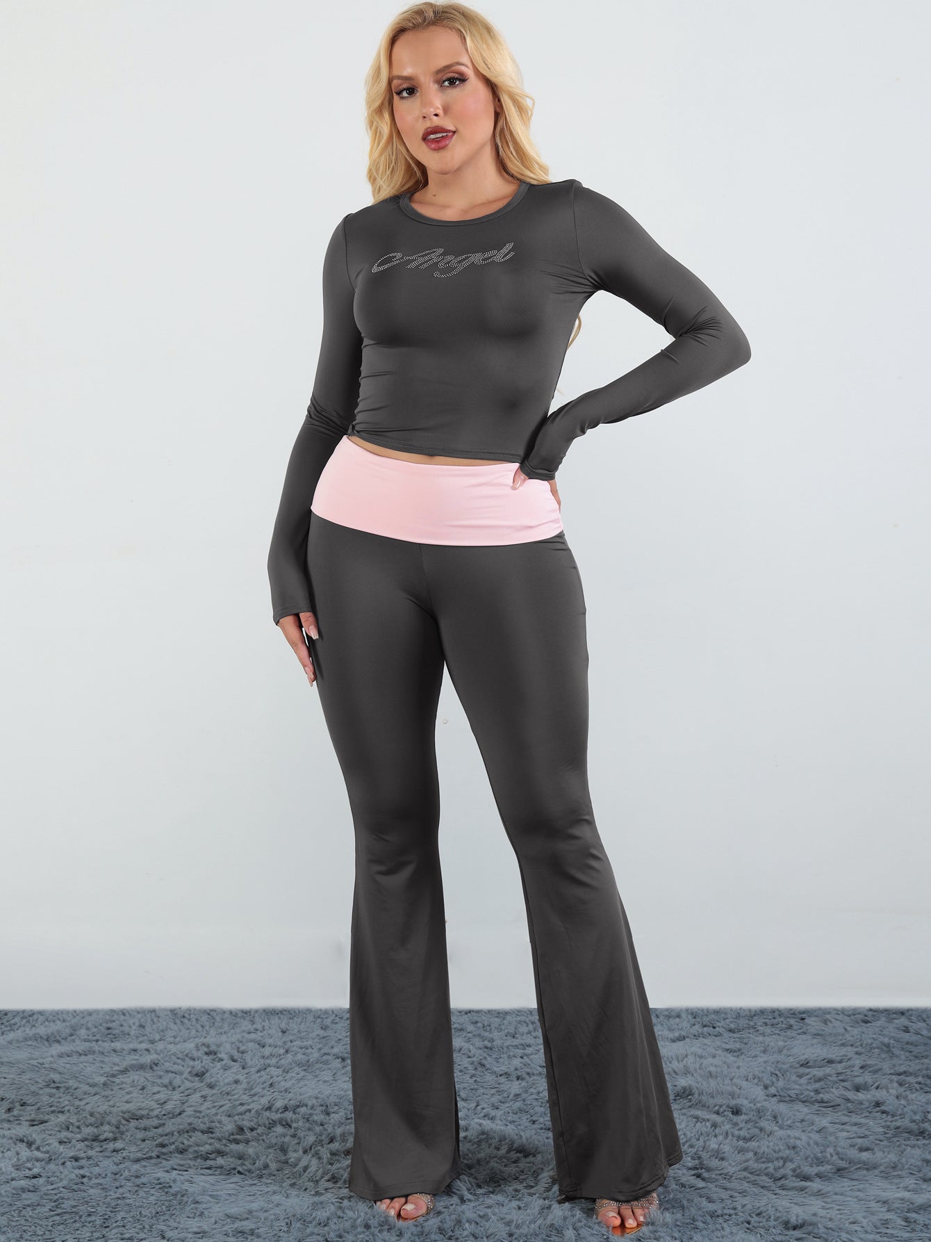 Women's 2 Piece Set Long Sleeve Crop Top Flare Pants Outfit Slim Fit Casual Set