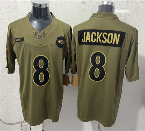 Mens Baltimore Ravens #8 Lamar Jackson Nike 2025 Salute to Service Limited Jersey – Olive