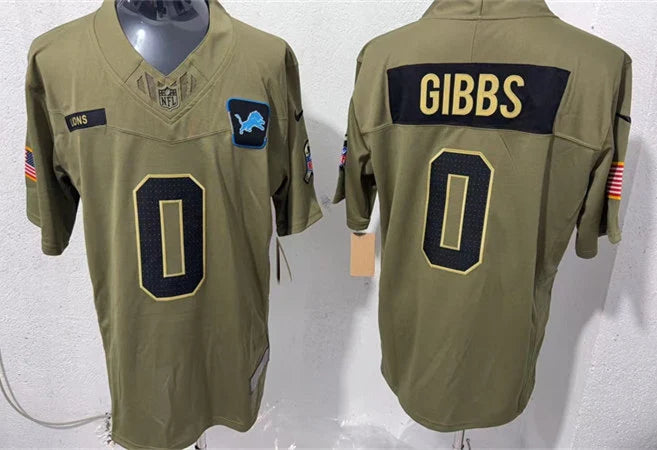 Mens Detroit Lions #0 Jahmyr Gibbs Nike 2025 Salute to Service Limited Jersey – Olive