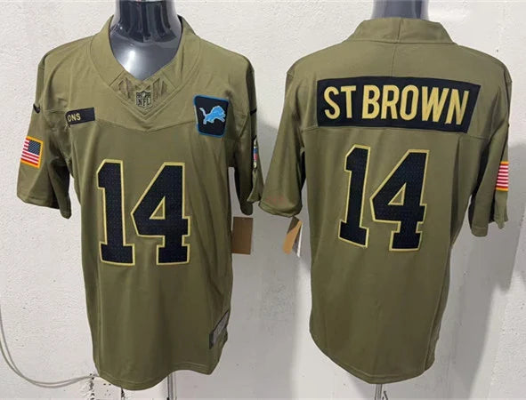 Mens Detroit Lions #14 Amon-Ra St. Brown Nike 2025 Salute to Service Limited Jersey – Olive
