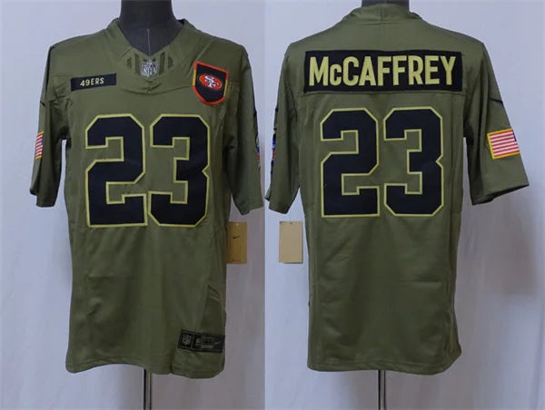 Mens San Francisco 49ers #23 Christian McCaffrey Nike 2025 Salute to Service Limited Jersey – Olive