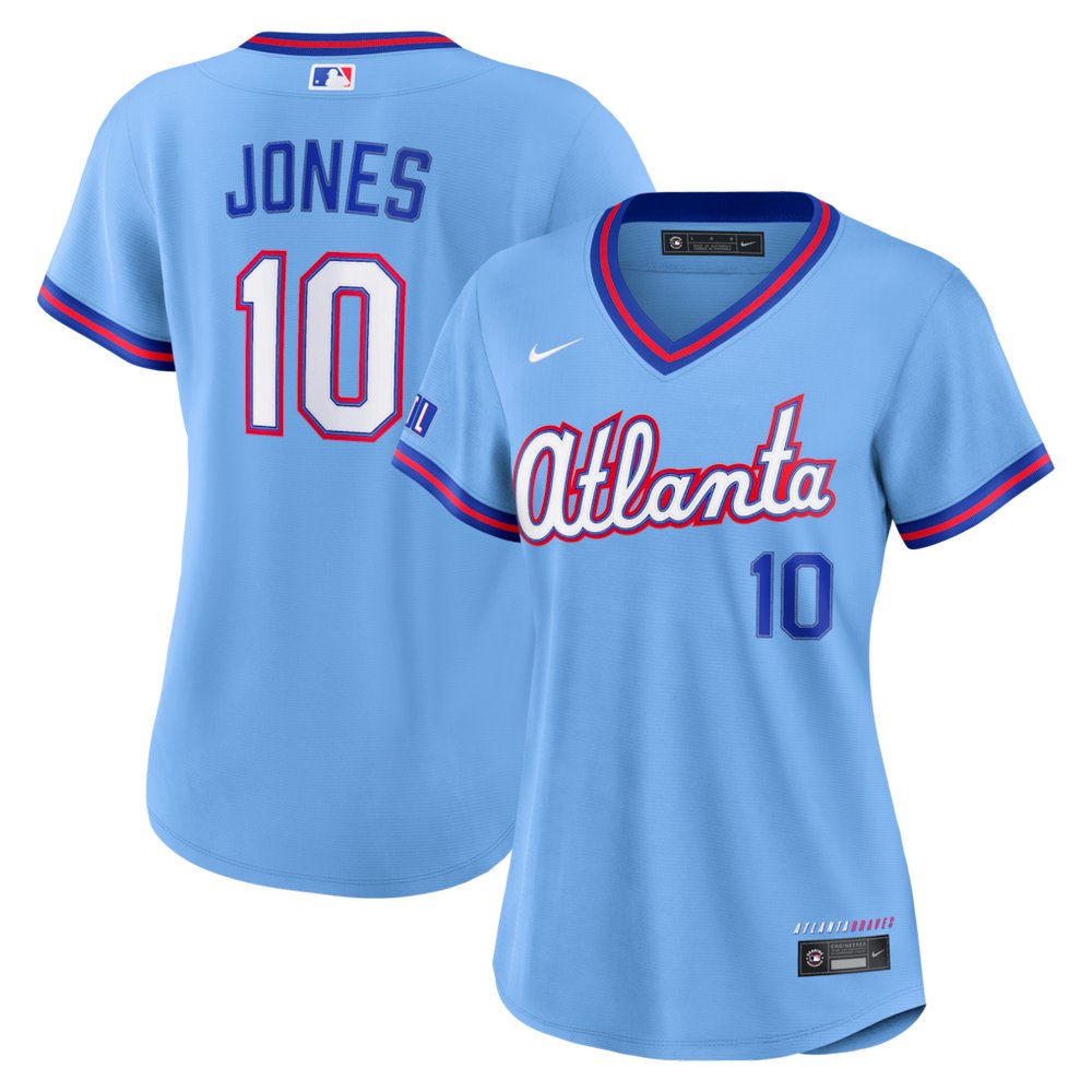 Women’s Atlanta Braves #10 Chipper Jones Nike Powder Blue 2026 City Connect Stadium Jersey