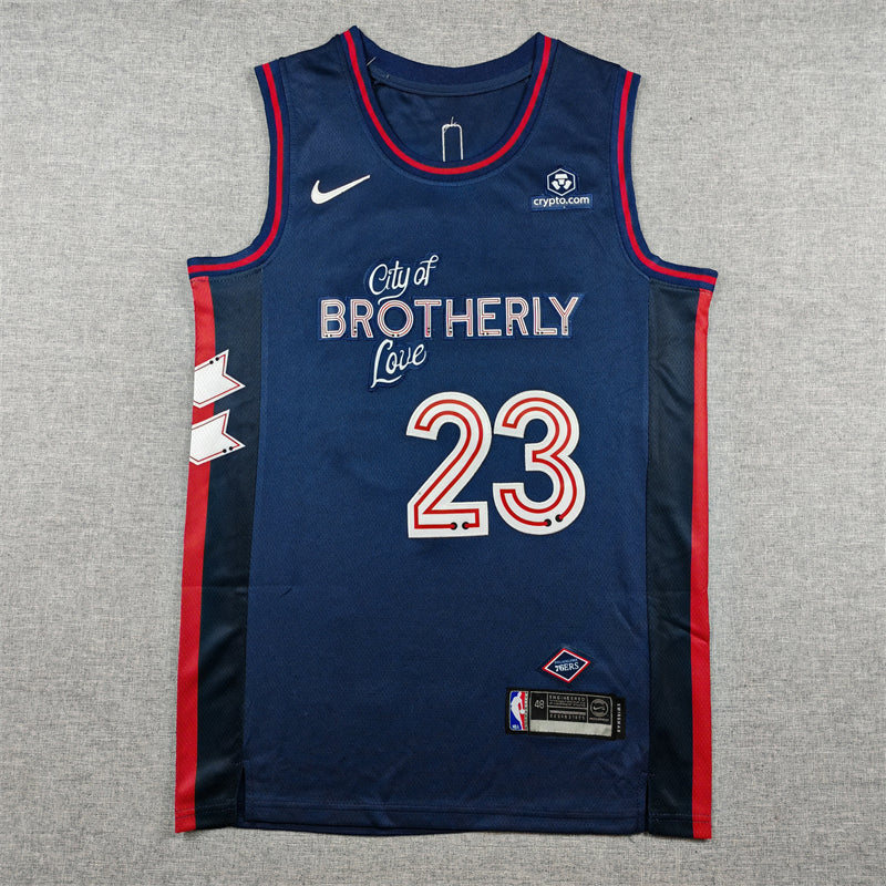 Mens 2024 Season 76ers #23 LeBron James City Edition Stitched Jersey (Dark Blue)