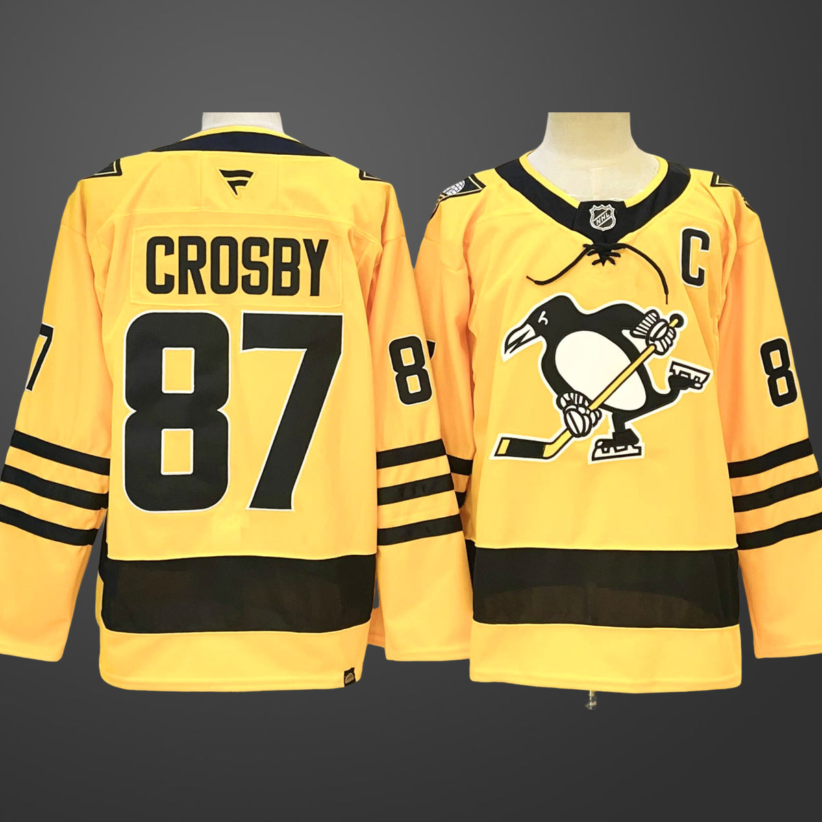 Men’s Pittsburgh Penguins #87 Sidney Crosby Gold 2025/26 With C Patch Alternate Stitched Hockey Jersey