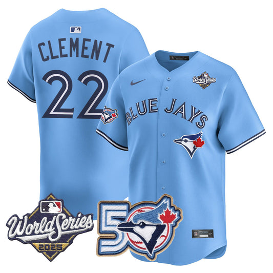 Men/Women/Youth Blue Jays 50th Patch 2025 World Series Powder Blue #22 Clement Stitched Jersey