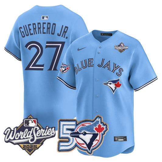 Men/Women/Youth Blue Jays 50th Patch 2025 World Series Powder Blue #27 Guerrero JR. Stitched Jersey