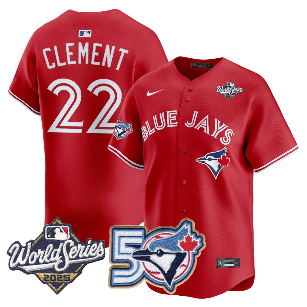 Men/Women/Youth Blue Jays 50th Patch 2025 World Series Red #22 Clement Stitched Jersey