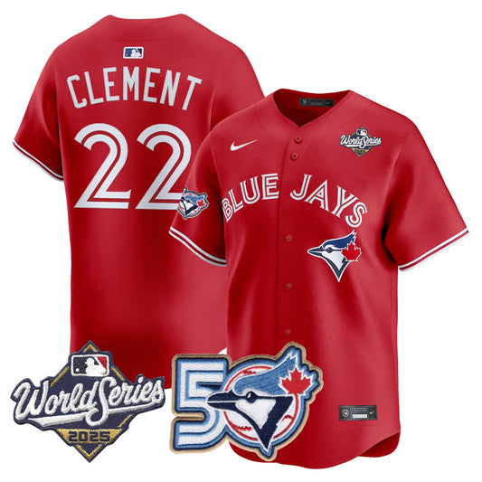 Men/Women/Youth Blue Jays 50th Patch 2025 World Series Red #22 Clement Stitched Jersey
