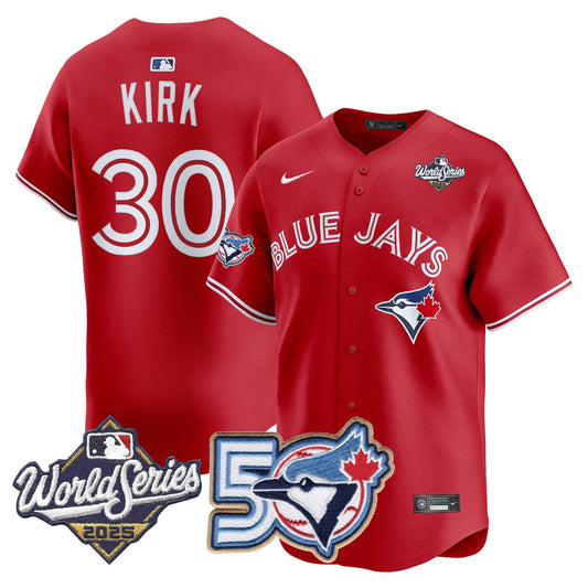 Men/Women/Youth Blue Jays 50th Patch 2025 World Series Red #30 Kirk Stitched Jersey