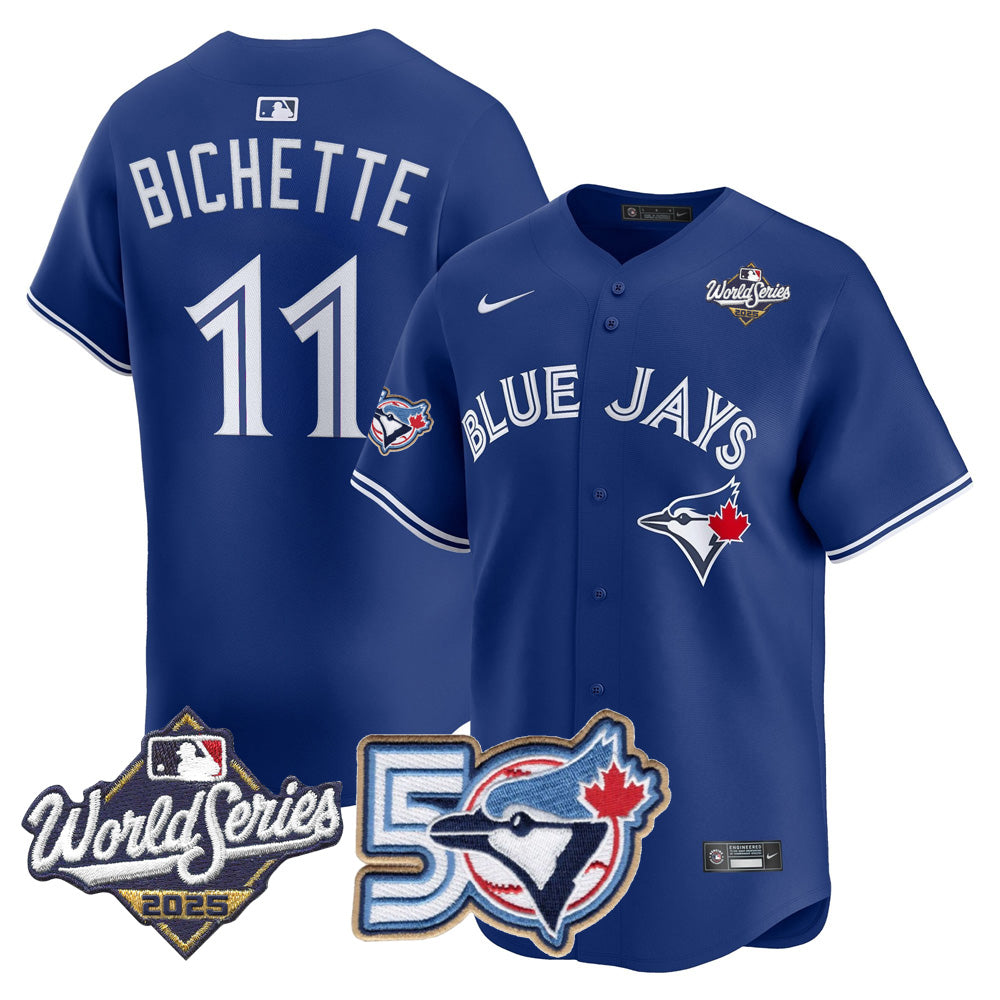 Men/Women/Youth Blue Jays 50th Patch 2025 World Series Royal #11 Bichette Stitched Jersey