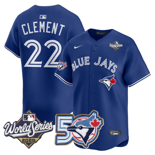 Men/Women/Youth Blue Jays 50th Patch 2025 World Series Royal #22 Clement Stitched Jersey