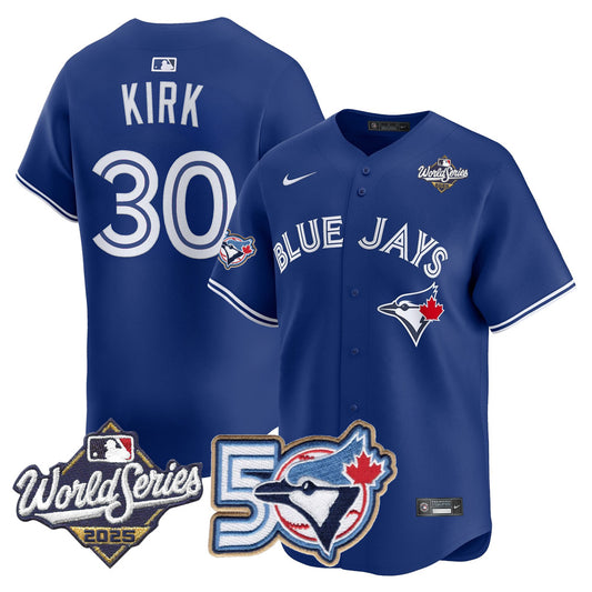 Men/Women/Youth Blue Jays 50th Patch 2025 World Series Royal #30 Kirk Stitched Jersey