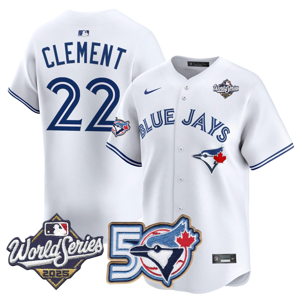 Men/Women/Youth Blue Jays 50th Patch 2025 World Series White #22 Clement Stitched Jersey