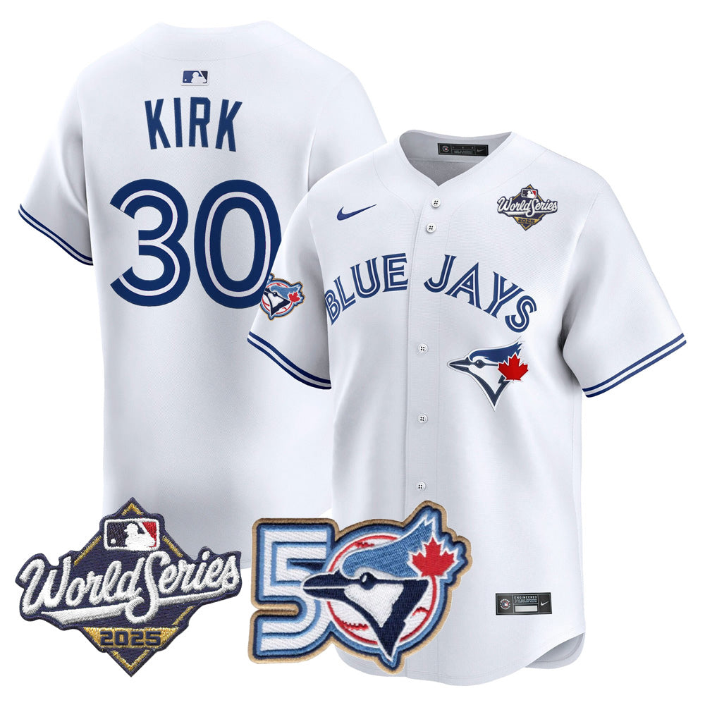 Men/Women/Youth Blue Jays 50th Patch 2025 World Series White #30 Kirk Stitched Jersey