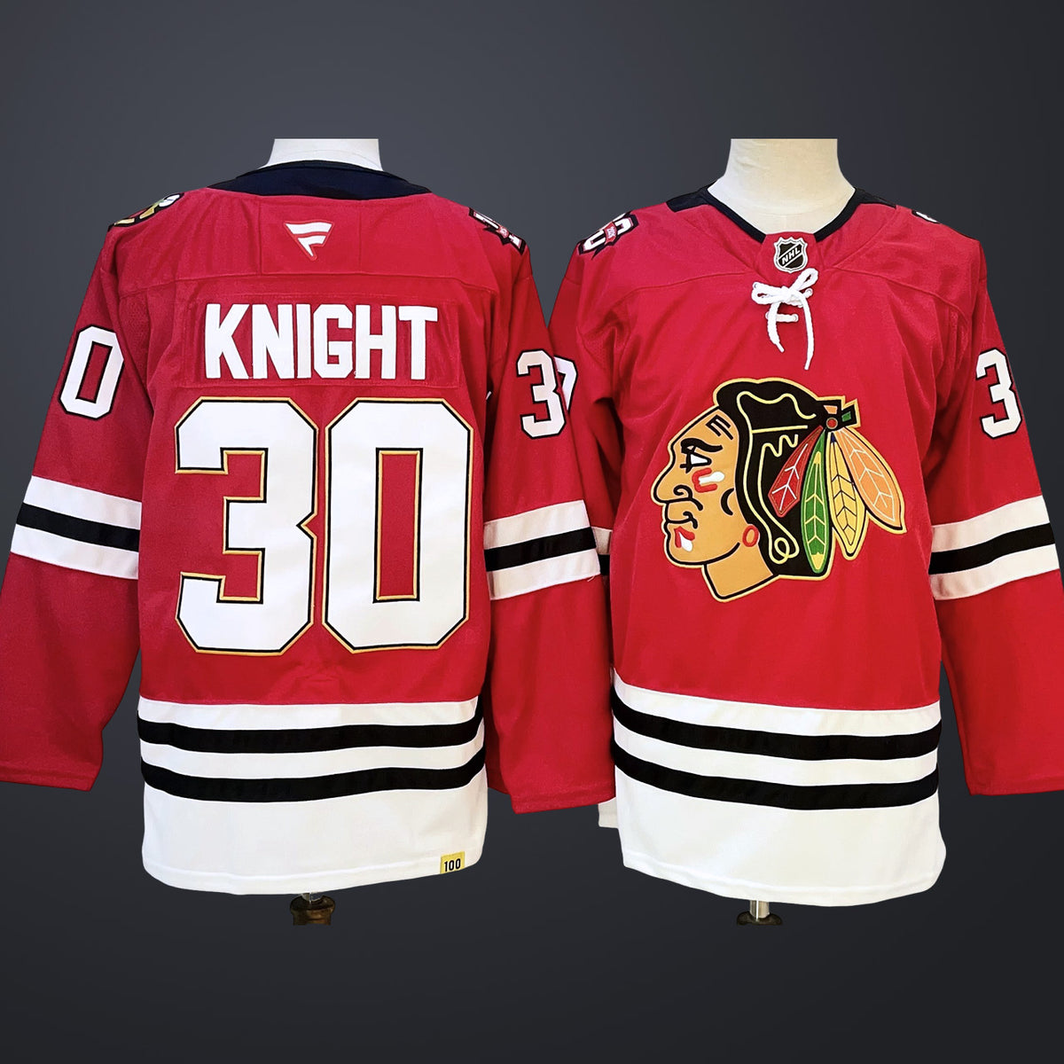 Men’s Chicago Blackhawks #30 Spencer Knight Fanatics Red Centennial Breakaway Player Jersey
