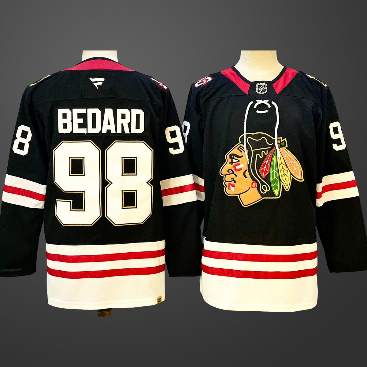 Men’s Chicago Blackhawks #98 Connor Bedard Black Centennial Stitched Hockey Jersey