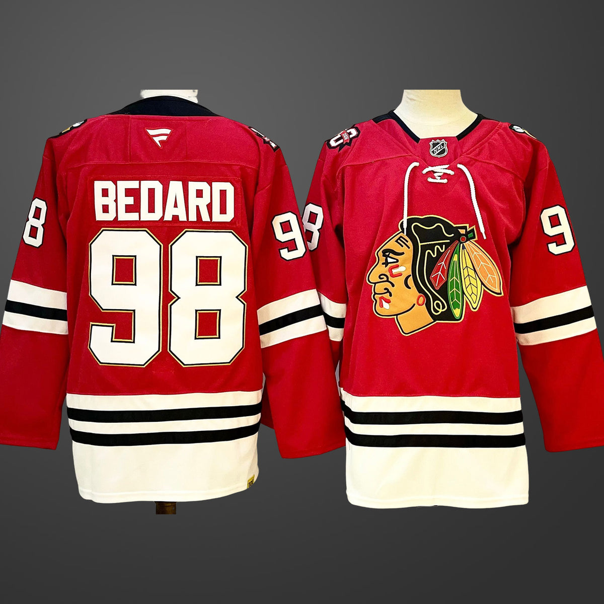 Men’s Chicago Blackhawks #98 Connor Bedard Red Centennial Stitched Hockey Jersey