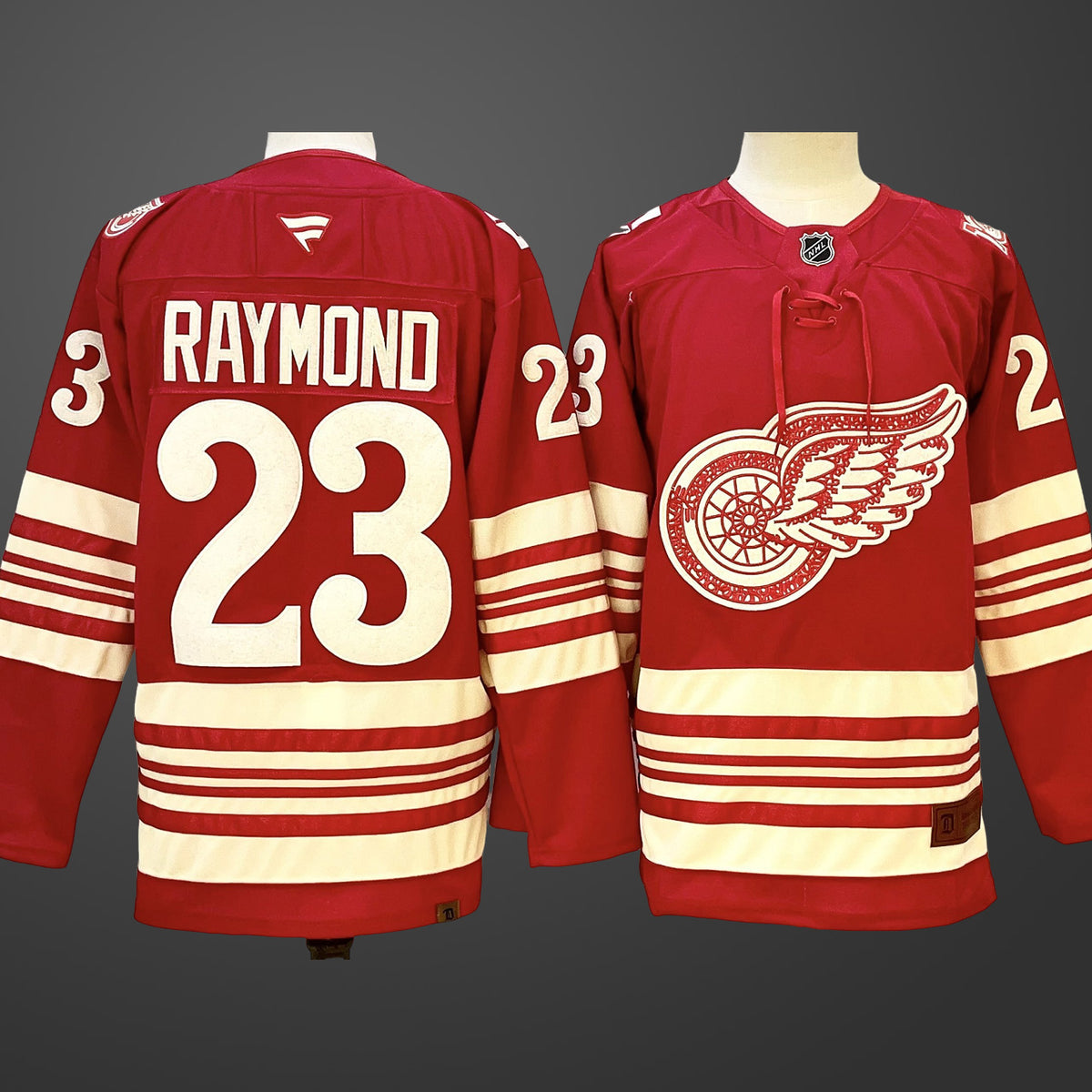 Men’s Detroit Red Wings #23 Lucas Raymond Red 2025-26 Centennial Premium Stitched Jersey