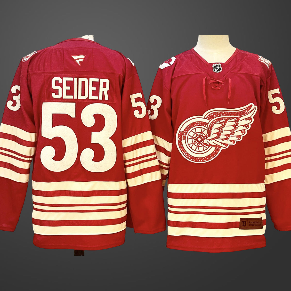 Men’s Detroit Red Wings #53 Moritz Seider Red 2025-26 Centennial Premium Stitched Jersey
