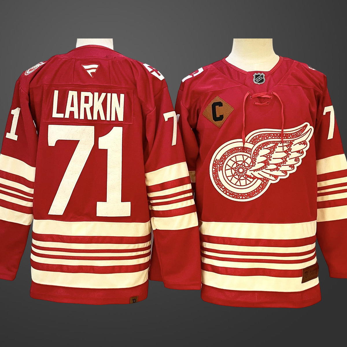 Men’s Detroit Red Wings #71 Dylan Larkin Red 2025-26 With C Patch Centennial Premium Stitched Jersey