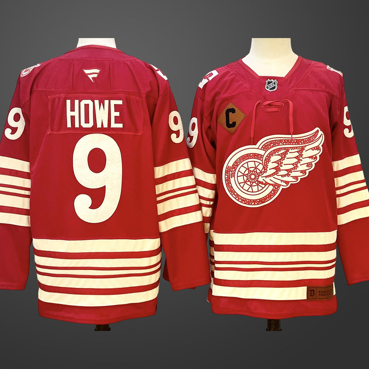 Men’s Detroit Red Wings #9 Gordie Howe Red 2025-26 With C Patch Centennial Premium Jersey
