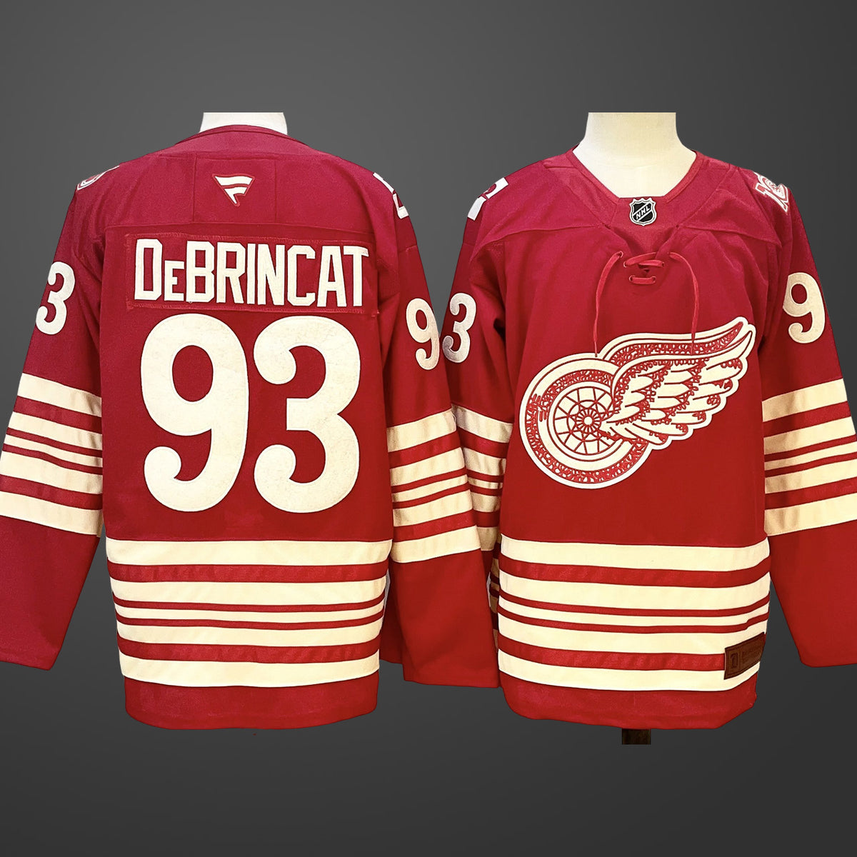 Men’s Detroit Red Wings #93 Alex DeBrincat Red 2025-26 Centennial Premium Stitched Jersey
