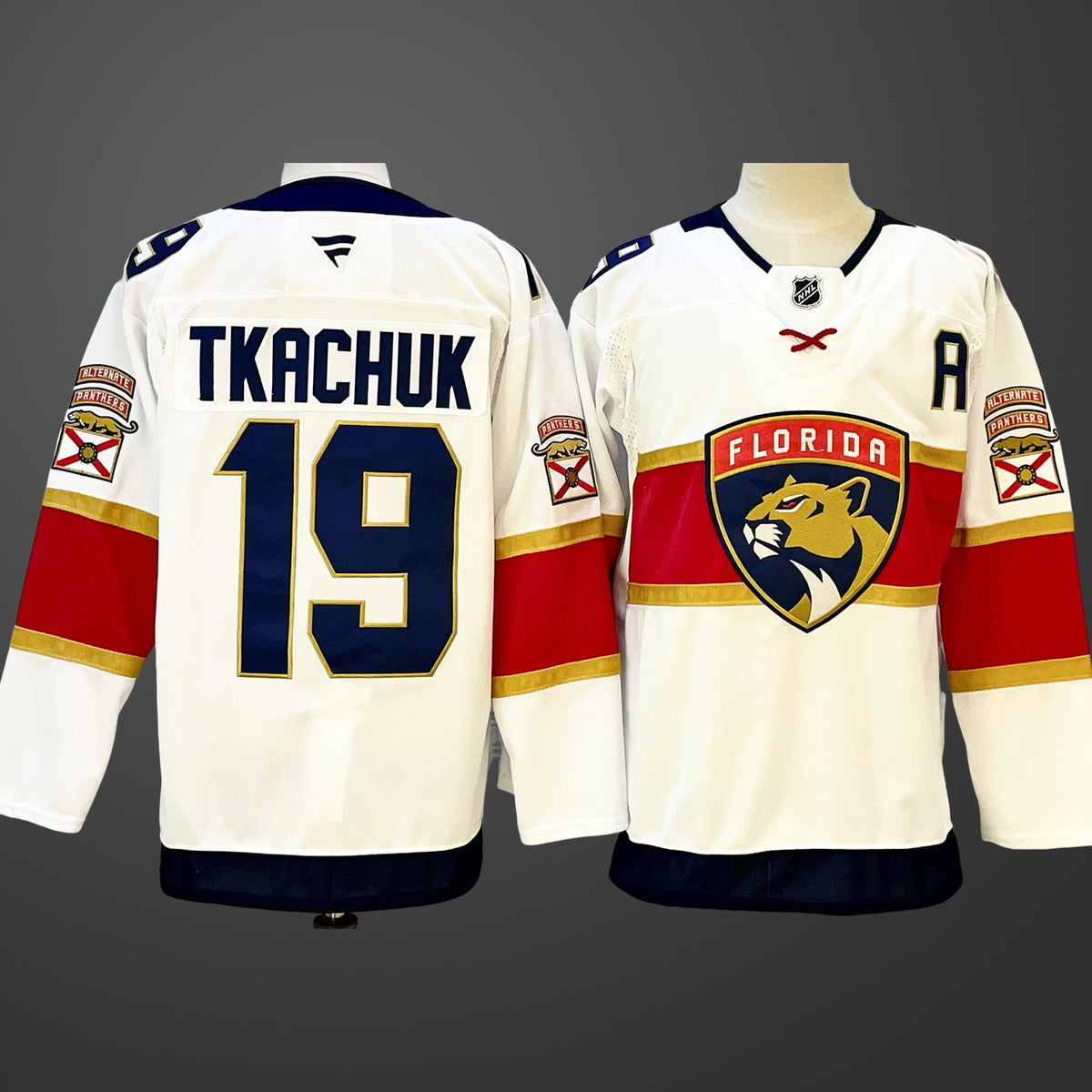 Men’s Florida Panthers #19 Matthew Tkachuk White 2024-25 Home With A Patch Stitched Jersey