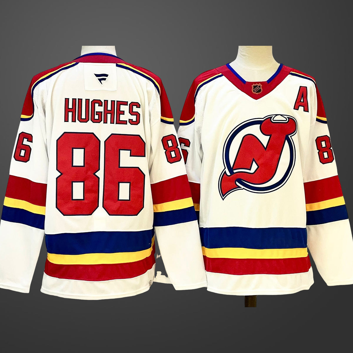 Men’s New Jersey Devils #86 Jack Hughes WhiteRed 2024-25 With A Patch Stitched Hockey Jersey