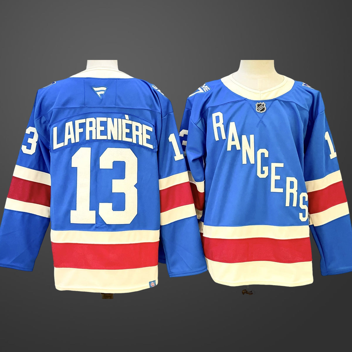 Men’s New York Rangers #13 Alexis Lafreniere Blue Centennial Stitched Hockey Jersey