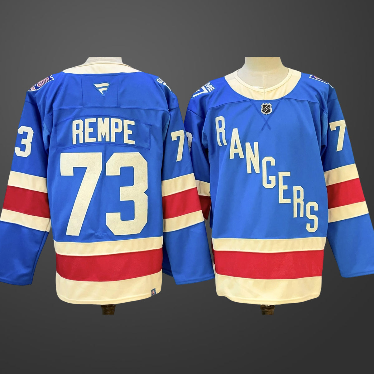 Men’s New York Rangers #73 Matt Rempe Blue Centennial Stitched Hockey Jersey
