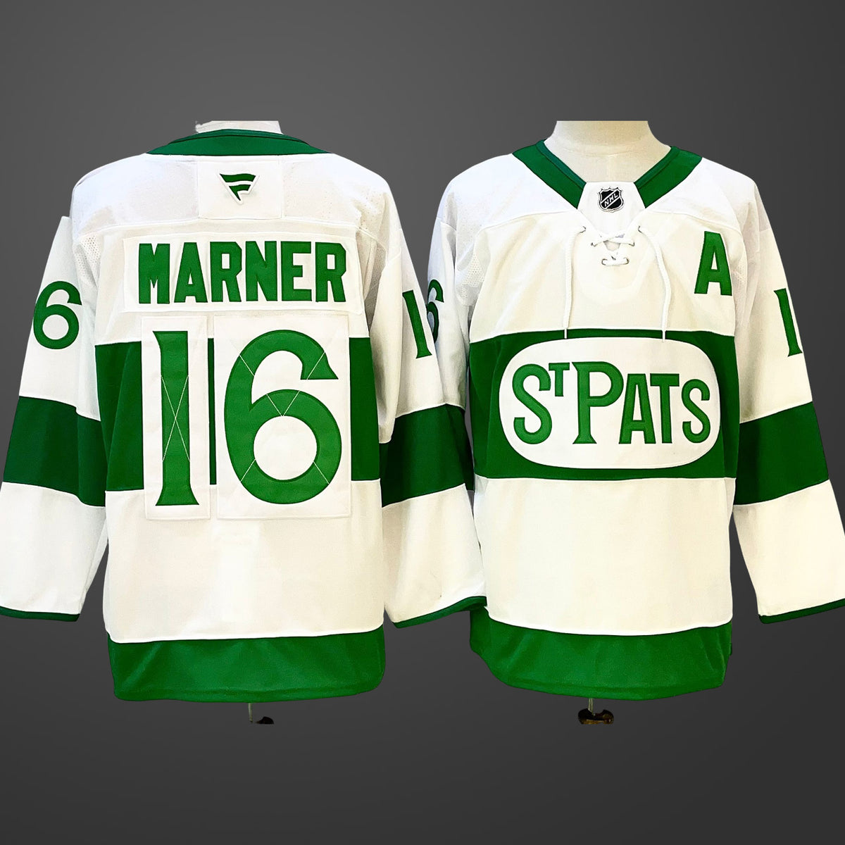 Men’s Toronto Maple Leafs #16 Mitchell Marner WhiteGreen 2024-25 With A Patch Stitched Jersey