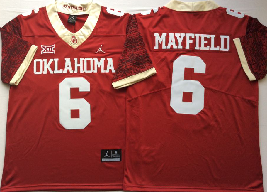 Oklahoma Sooners Red White #6 MAYFIELD Stitched Jersey