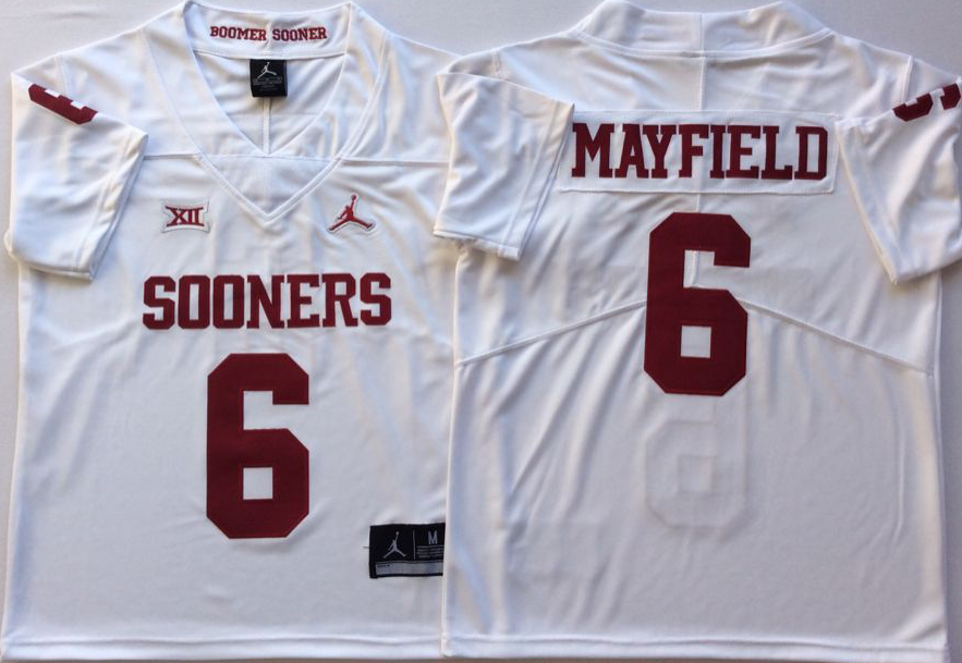 Oklahoma Sooners White 6 MAYFIELD Stitched Jersey