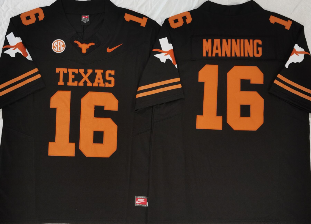 Texas Longhorns Black #16 MANNING Stitched Jeresy
