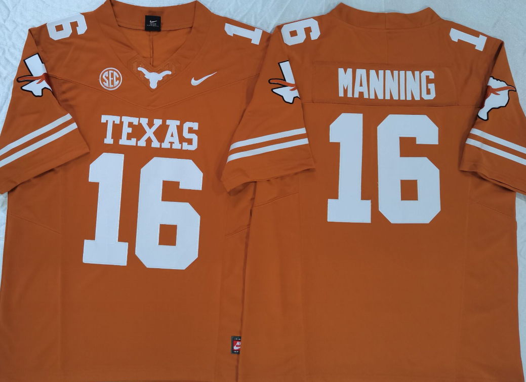 Texas Longhorns Yellow #16 MANNING Stitched Jeresy