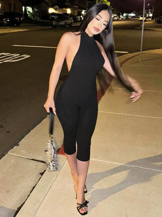 Women's Black Halter Neck Bodycon Jumpsuit Sleeveless Slim Fit Outfit