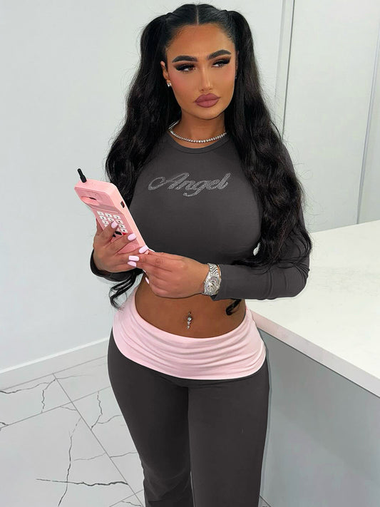Women's 2 Piece Set Long Sleeve Crop Top Flare Pants Outfit Slim Fit Casual Set