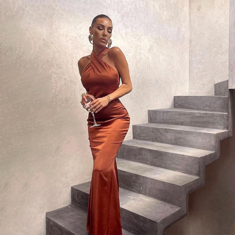 Women's Halter Neck Bodycon Maxi Dress - Rust Brown Sleeveless Evening Dress