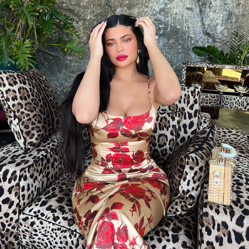 Women's Floral Rose Maxi Dress Spaghetti Strap Bodycon Slip Dress Elegant Outfit