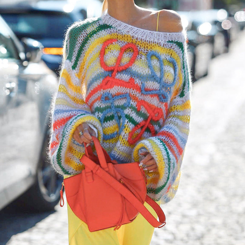 Women's Rainbow Striped Knit Sweater Loose Casual Pullover