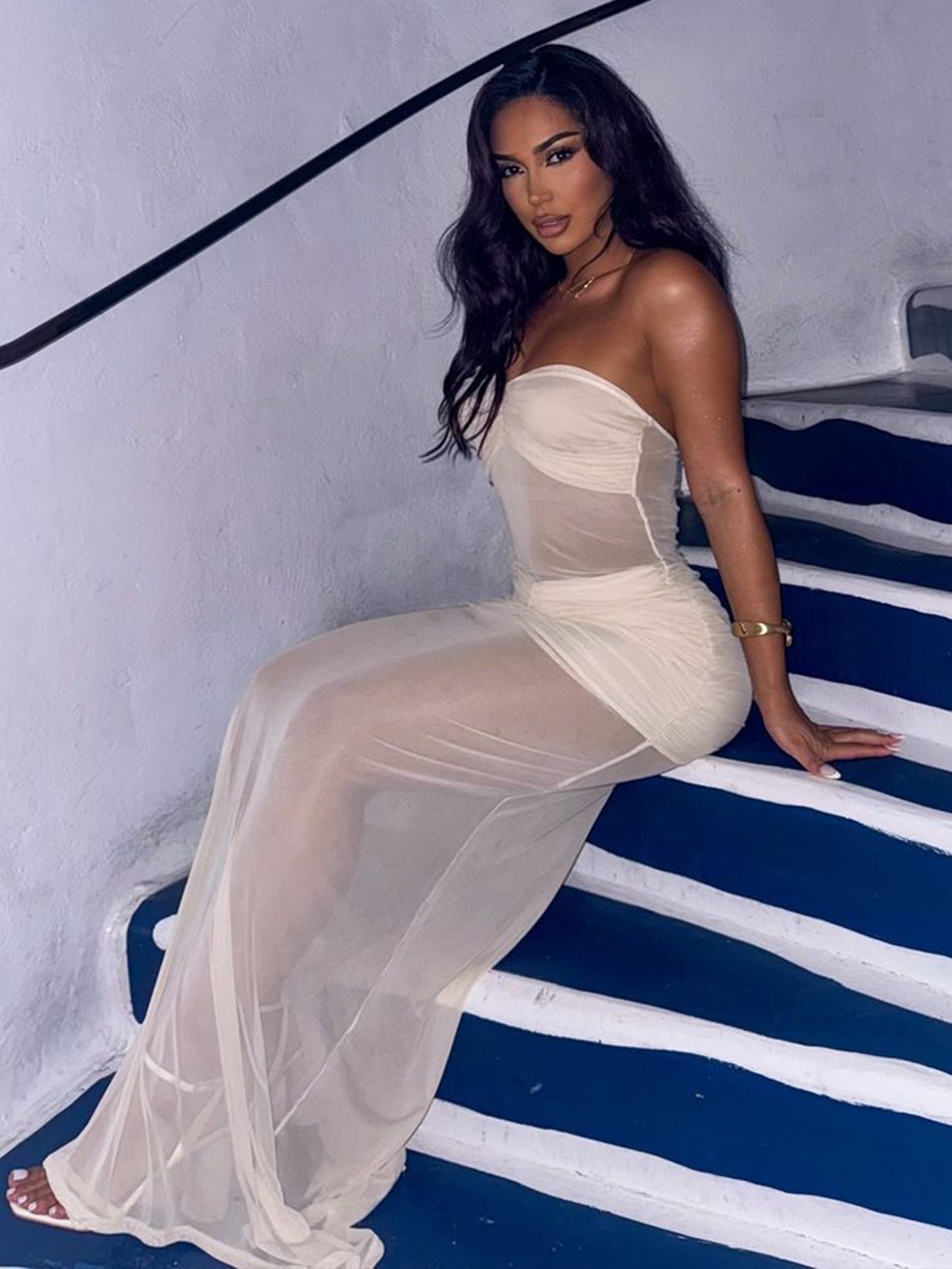 Women's White Strapless Mesh Maxi Dress Ruched Bodycon Elegant Evening Dress