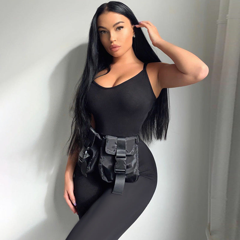 Women's Black Spaghetti Strap Bodycon Jumpsuit Sleeveless Slim Fit Full Length Outfit