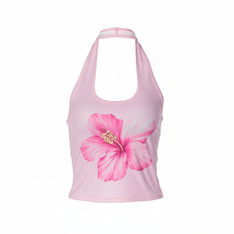 Pink tank top with a large pink flower design on a white background