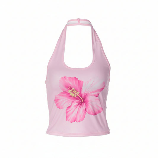 Pink tank top with a large pink flower design on a white background